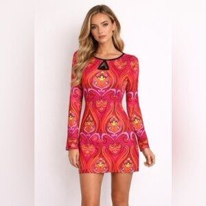 Laundry By Shelli Segal Womans Pencil Dress Red Small Geometric Long Sleeve